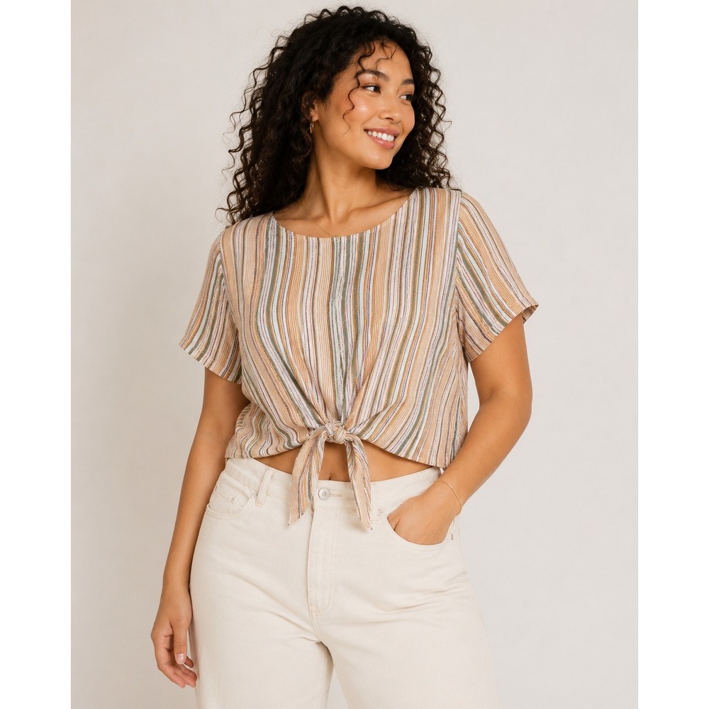 Fashion On Earth Large Cotton Linen Striped Front Tie Crop Top Brown White